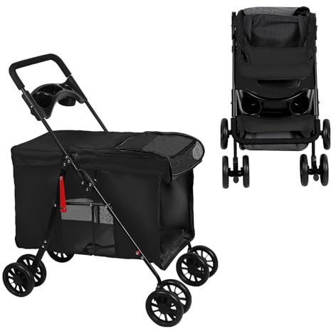 OHMG Faltbarer Kinderwagen für Tiere Hund Katze 2-in-1, Trolley für Hunde, abnehmbare Babywanne, Schultergurte, 4 Räder mit Bremse aus 600D Oxford-Stoff, Belastung 20 kg