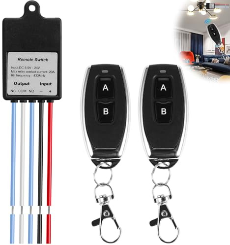 Télécommande Interrupteur : interrupteur sans fil 12 V, DC 5,5 V ~ 24 V 20 A, interrupteur à distance de 50 m de long avec 2 télécommandes pour plafonniers, lampes, moteurs, décoration de Noël
