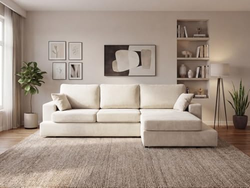 GRAINGOLD Nesto Ecksofa 260x165 cm, L-Form Sofa, Ecksofa für Wohnzimmer, Chenille-Stoff, 3-Sitzer Eckcouch, Modernes Design (Creme, Rechts)