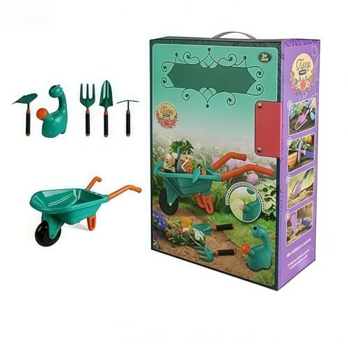 Racocou Kids Metal Wheelbarrow & Garden Tool Set, Beach Sand Toys, Outdoor Educational Pretend Play, Preschool Sensory Training,Blue