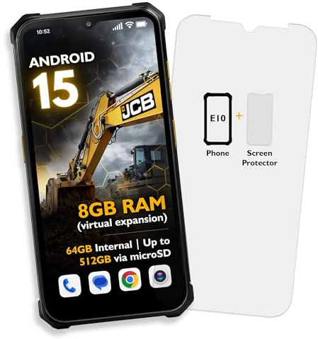 JCB Toughphone E10 Rugged Smartphone + Tempered Glass Screen Protector Bundle | Android 15 Work Phone, 6.6 HD Display, 6500mAh Battery, Dual SIM, NFC, IP68 IP69K Waterproof & Shockproof Mobile