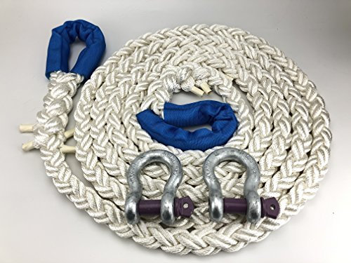 RopeServices UK 24mm 4x4 8 Strand White Nylon Kinetic Recovery Tow Rope x 5 Metres. With 2 x 4.75 Tonne Shackles. K.E.R.R
