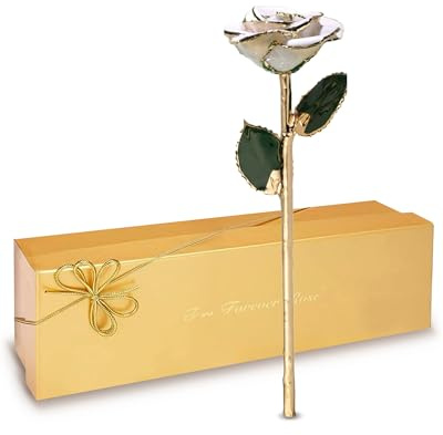 Forever Rose Echte gefrorene weiße funkelnde echte einzigartige 24 Karat Gold getauchte Rose | handgetaucht in Lack & getrimmte 24 Karat Gold Rose | Ewige romantische Geschenke für Damen und Herren