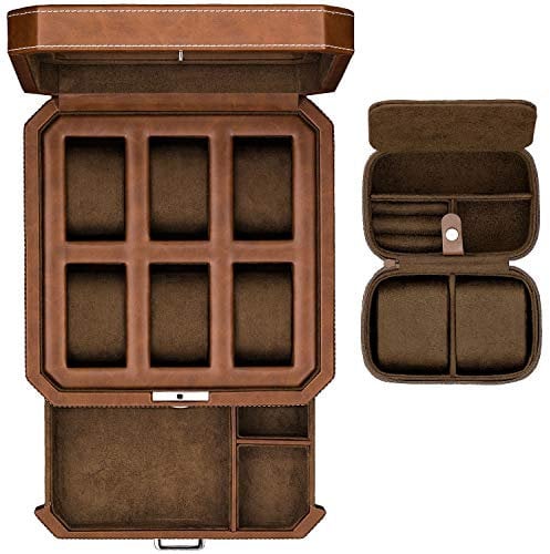 Leder-Geschenkset mit 6 Fächern und Schublade für Herren, Luxus-Uhrengehäuse, Display-Organizer, Mikro-Wildlederfutter, abschließbare Schmuckschatulle, Aufbewahrungsboxen, großes Glas, Hellbraun/Braun