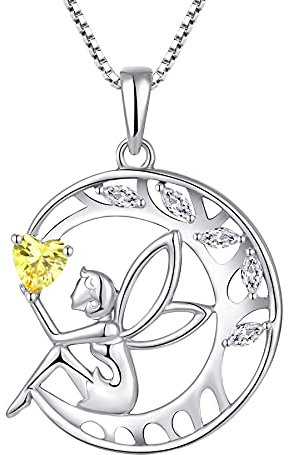 FJ Schutzengel Halskette Damen 925 Sterling Silber Baum des Lebens Kette Anhänger Engel Fee Mond Halskette mit Citrin November Geburtsstein Schmuck Geschenke für Frauen Mädchen