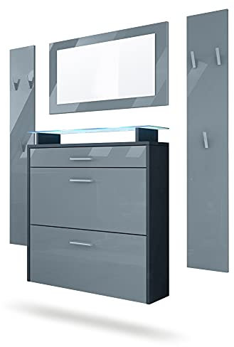 Vladon Garderobe Malea, Garderobenset bestehend aus 1 Hängeschuhschrank, 1 Wandspiegel und 2 Garderobenpaneele, Anthrazit matt/Grau Hochglanz, inkl. LED-Beleuchtung blau
