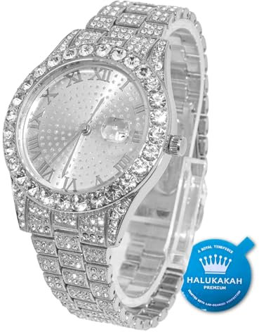 HALUKAKAH Diamant Montre en Or, Hommes Plaqué Or Blanc Platine 42MM Large Rond Cadran Quartz Bracelet 24cm, avec Boite Cadeau