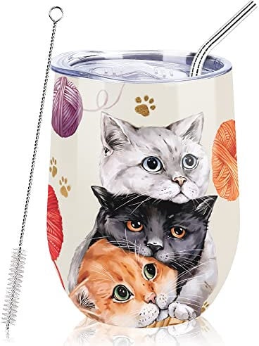 NymphFable 12oz Niedlich Katze Thermobecher Wolle Kaffeebecher to go Edelstahl Weinglas Mit Deckel Beste Freundin