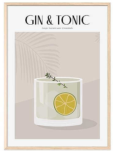 JUNOMI® Gin Tonic Poster DIN A2, Cocktail, Longdrink, Bar, Getränke, Cocktail Set | mit Rahmen Natur