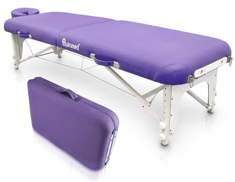 QUIRUMED Klappbare Shiatsu-Holzliege, 211 x 60 cm, Violett, Kunstleder, höhenverstellbar, abnehmbare Kopfstütze, verstärkte Struktur, bis zu 185 kg