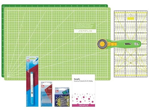 SEMPLIX Patchwork Starter Set mit Schneideunterlage (A3), Rollschneider Maxi, Lineal + Nähnadeln, Stecknadeln & Trickmarker (hellgrün/grün)