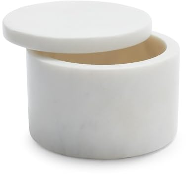 Sur La Table White Marble Salt Cellar – 4 Round Handmade Kitchen Countertop Spice Storage Jar with Lid, Elegant Marble Décor
