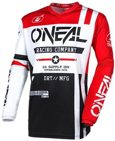 O'NEAL | Maglia da Motocross a Manica Lunga | MX Enduro | Protezione Gomiti Imbottita, Collo a V, Traspirante | Element Jersey Warhawk V.24 | Adulto | Nero Bianco Rosso | Taglia M