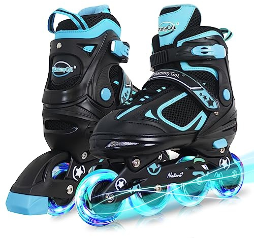 MammyGol Adjustable Inline Skates for Boys Girls Kids Youth with Light up Wheels, Teal Beginner Blades Roller Skates for Boys Size 1 2 3 4 Ages 6-12