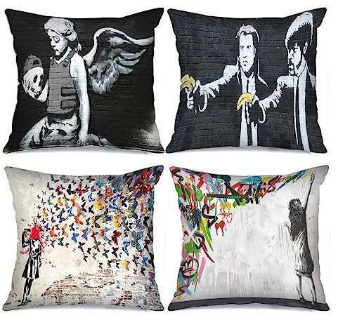 Tucocoo 4 Stück Graffiti-Kissenbezüge, quadratisch, 45 x 45 cm, Banksy Street Art Kissenbezüge, dekorativ, modern, schwarz und weiß, Kissenbezug für Sofa, Bett, Couch, Auto, Überwurf-Kissenbezüge