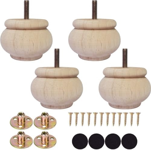 Btibpse 2 Inch Wooden Furniture Legs, Solid Wood Unpainted Replacement Furniture Legs, Ottoman/Loveseat Replacement Legs, Cabinet Legs/Desk/Sofa/Bookcase Round Bun Feet Set of 4 (2 Inch)