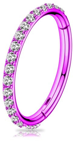 Artskin Grade 23 Titanium Hinged Nose Rings CZ Hoops Body Piercing Rings Helix Cartilage Rook Earrings 16G Diameter 7mm Cubic Zirconia Rings Pink