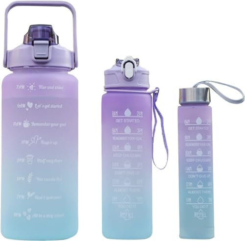 EUROXANTY-Botella 3 En 1 De Agua 3 Tamaños Color Aleatorio Pack Motivacional Para Beber, Botella De Agua Deportiva Con Marcador De Tiempo, Tazas De Plástico Reutilizables Portátiles, Viajes