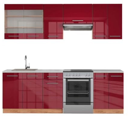 Vicco Küchenzeile Fame-Line, Bordeaux Hochglanz/Goldkraft Eiche, 240 cm, AP Marmor