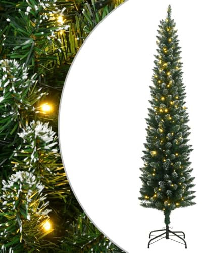 vidaXL Künstlicher Weihnachtsbaum, Tannenbaum mit LED-Beleuchtung 300 LEDs 240cm, Christbaum Schlank mit Metallständer, Weihnachtsdeko Kunstbaum Dekobaum