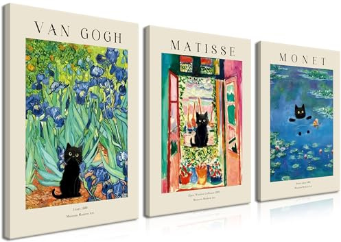Monet Wandkunst-Set, Van Gogh schwarze Katze, Blumenfeld, Leinwandbilder, Drucke, Matisse, abstrakte schwarze Katze, ästhetische Bilder für Zimmer, Schlafzimmer, Wohnzimmer, Badezimmer, 40,6 x 61 cm