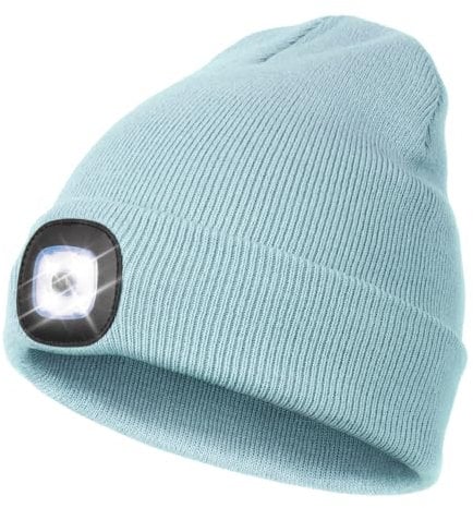 Wmcaps Mütze mit Led Licht, Wiederaufladbare USB Freisprech Stirnlampe Strickmütze Wintermütze Warme Mütze Kappe Scheinwerferkappe zum Camping Joggen Geschenke für Männer Frauen, Hellblau