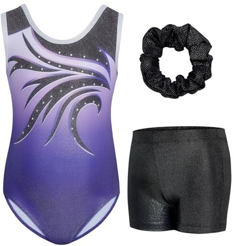 Gogokids Ärmelloses Gymnastiktrikot Set für Mädchen, dreiteilig mit Shorts und Haargummi, Kinder Gymnastik Outfits mit Aushöhlen & überkreuztem Design, Glitzer Ballett-Einteiler für Alter 8-9