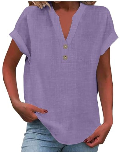 Women Tops, My Orders, Ladies Tops 2025 Women's Summer Cotton Linen Cap Sleeve T-Shirt Button V Neck Tunic Top Fashion Baggy Solid Plain Casual Shirts Trendy Blouse Purple
