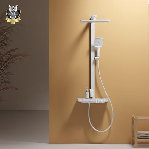 EMKE Duschsystem mit Thermostat 38℃, Regendusche Duschsystem mit Handbrause 4 Strahlarten, Einstellbarer Durchfluss Wassersparendes Brauseset mit XXL Regendusche, KTW-Zertifizierung, Weiß