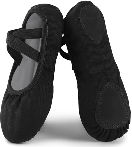 Acfoda Ballet Shoes Girls Canvas Soft Dance Slippers Split Leather Sole Ballerina Gymnastics Yoga Flats Comfortable with Elastic Straps for Kids Women Black 11.5 UK Child