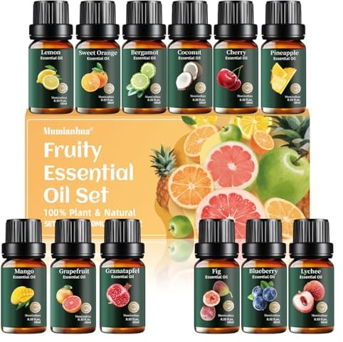 12x10ml Ätherische Öle Set - Fruchtige Düfte Zitrone, Mango & Kokos - 100% Reine Duftöle für Diffuser, Aromatherapie, Kerzen, Sauna & DIY Seife