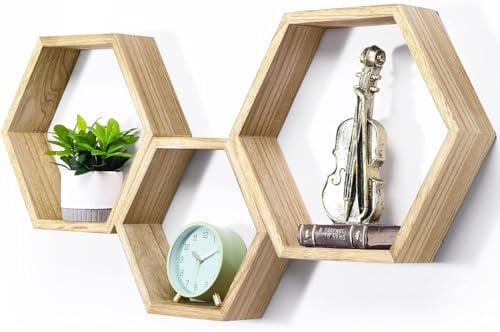CADUKE Schwebendes Sechseck-Regal Wandregal aus Holz, Waben-Wandregal, 3er-Set, sechseckiges Wand-Dekorationsregal, Waben-Aufbewahrung, Hängeregale für Bauernhaus, Wohnzimmer, Schlafzimmer, Hellbraun