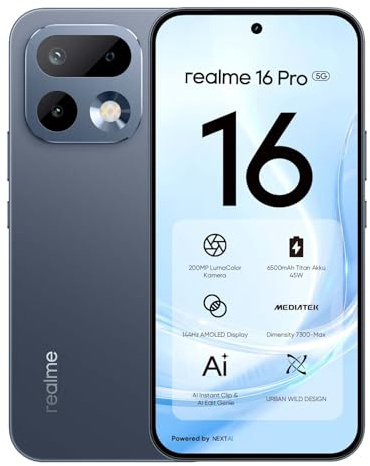 realme 16 Pro 5G Smartphone 8GB + 512GB, 200MP LumaColor Fotocamera + 50MP, Telefono Cellulare con Processore Dimensity 7300 MAX, Batteria 6500mAh e Ricarica da 45W, Cellulari da 6,78 144Hz, Grigio