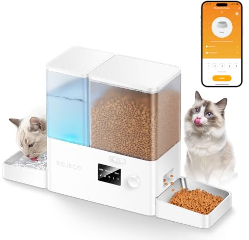 ROJECO Distributeur Croquettes Chat Automatique 2-en-1 avec APP Wi-FI, 36 Tasses/8.5L : Grande capacité 5L Nourriture + 3.5L Eau par gravité, mangeoire + Abreuvoir pour Chats