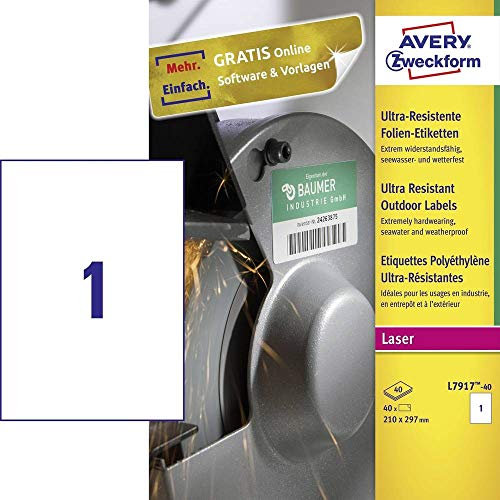 AVERY Zweckform L7917-40 Strapazierfähige Folienetiketten (40 Aufkleber, 210x297mm auf A4, extrem stark selbstklebend, für schwierige Oberflächen, bedruckbare Outdoor Klebefolie) 40 Blatt, weiß