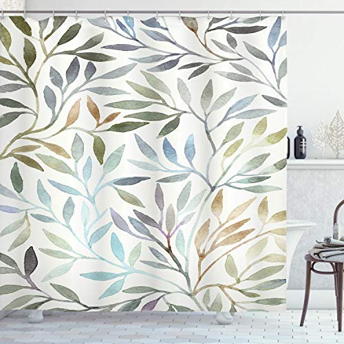 ABAKUHAUS Blätter Duschvorhang, Aquarell-Blumenmuster, Stoffliches Gewebe Badezimmerdekorationsset mit Haken, 175 x 180 cm, Elfenbein