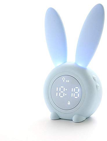 Réveil Matin à Induction en Forme de Lapin Mignon, Intelligent Réglage Automatique de la Lumière de Respiration, Affichage Automatique Temps/Date/Température, Contrôle Vocal ou Tremblement (Blue)