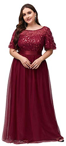 Ever Pretty Women's Short Sleeve Empire Wiast A Line Long Tulle Elegant Plus Size Bridesmaid Dresses Burgundy 8UK