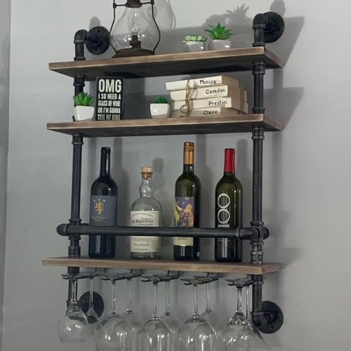 Industrial Pipe Shelf Wine Rack Wall Mounted with 5 Stem Glass Holder,24in Real Wood Shelves Kitchen Wall Shelf Unit,3-Tiers Rustic Floating Bar Shelves Wine Shelf,Steam Punk Pipe Shelving Glass Rack