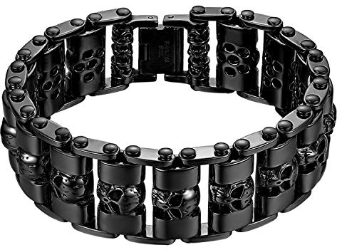 Flongo Herren-Armband für Herren, Große Schwer Breit Edelstahl Armband Link Handgelenk Silber Schwarz Gold Totenkopf Schädel Motorradfahrer Biker Herren-Accessoires