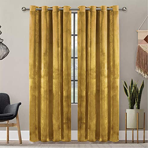 Oxford Homeware Blackout Curtains for Bedroom – Ochre 66x72 Velvet Curtains - Thermal Insulated Eyelet Curtains for Living Room + 2 Tie Backs (168cm x 183cm)