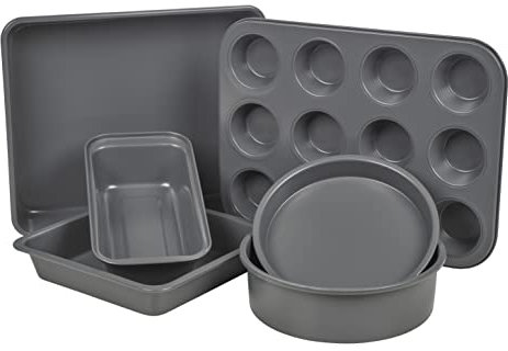 Homiu Baking Tray for Oven Non-Stick Set of 6, Carbon Steel Baking Trays, Dishwasher Safe Bakeware, Includes Roasting Pan, Round and Square Cake Tin, Loaf Tin, Muffin Tray and Spring Form Cake Tin