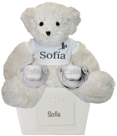 BebeDeParis. Precioso Regalo para Bebé: Chupete Personalizado con Nombre (2 Unidades), 0-6 Meses, Tetina de Silicona Libre de BPA y Oso de peluche. Incluye Caja Italiana Personalizada