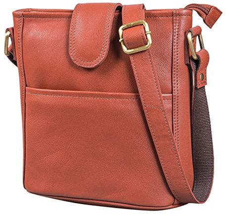 LEABAGS Leder Handtasche Damen I Premium Echtleder Umhängetasche I Damen Schultertasche I Damentasche I Tragetasche für Arbeit Uni Schule Freizeit I Größe L (31 x 29 x 13 cm) I Nappa Rotbraun