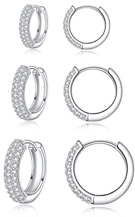Zolkamery Creolen Silber Damen Ohrringe, 3 Paare 925 Sterling Silber Creolen Ohrringe Set mit AAAAA Zirkonia, Klein Unisex Schlafen Kreolen Creolen Ohrringe, Silber Creolen Ohrringe Set in 9, 11, 13mm