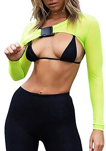 Womens Sexy Mesh Fishnet Crop Top Long Sleeve Open Front Shrug Rave Tops Shirts BlousesCover Ups with Buckle (A-Fluorescent Green, S)