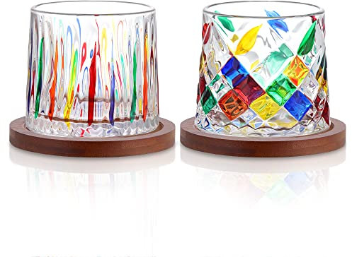 Joeyan Hand Painted Crystal Whisky Glasses Set of 2-270ml Rotatable Rocking Glasses with Wooden Coaster - Tilted Bar Whiskey Tumbler for Rum, Bourbon, Scotch - Whisky Gifts for Men Women