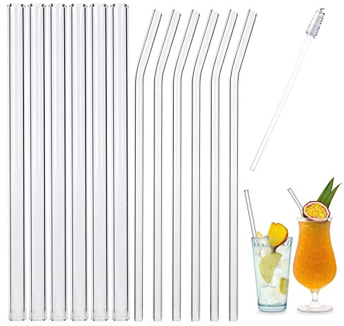 Pailles en Verre Avec Brosses,Paille en Verre Réutilisables,Pailles à Smoothie,12 pièces Pailles en verre Transparentes et 1 brosses de Nettoyage,Pour Mojito,Milkshake