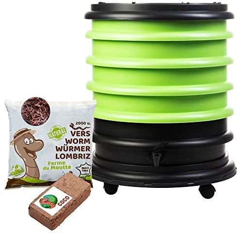 WORMbox | Lombricomposteur 4 Plateaux Vert Anis + 1kg de vers de Compost + 1 Bloc Coco | 64 litres | Compostez Vos déchets organiques, Les vers de Terre/lombrics produisent du lombricompost