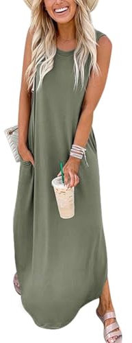 Cuptacc Sommerkleid Damen Lange Kleider mit Taschen Tshirt Kleid Baumwolle Freizeitkleid Marine Grün,Klein S34-36